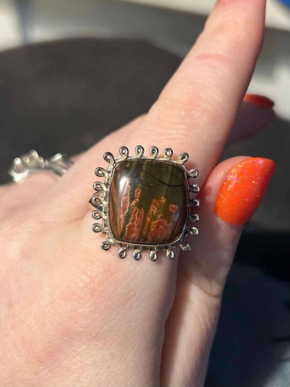 Green and Brown Jasper Sterling Silver Statement Ring